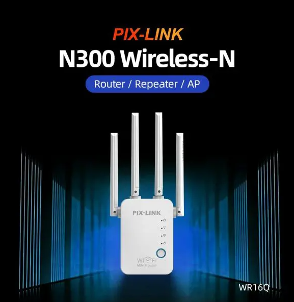 PIX-LINK N300 WiFi Repeater 300Mbps – 2.4G Wireless Signal Amplifier Router Range Extender with 4 External Antennas (WR09B)